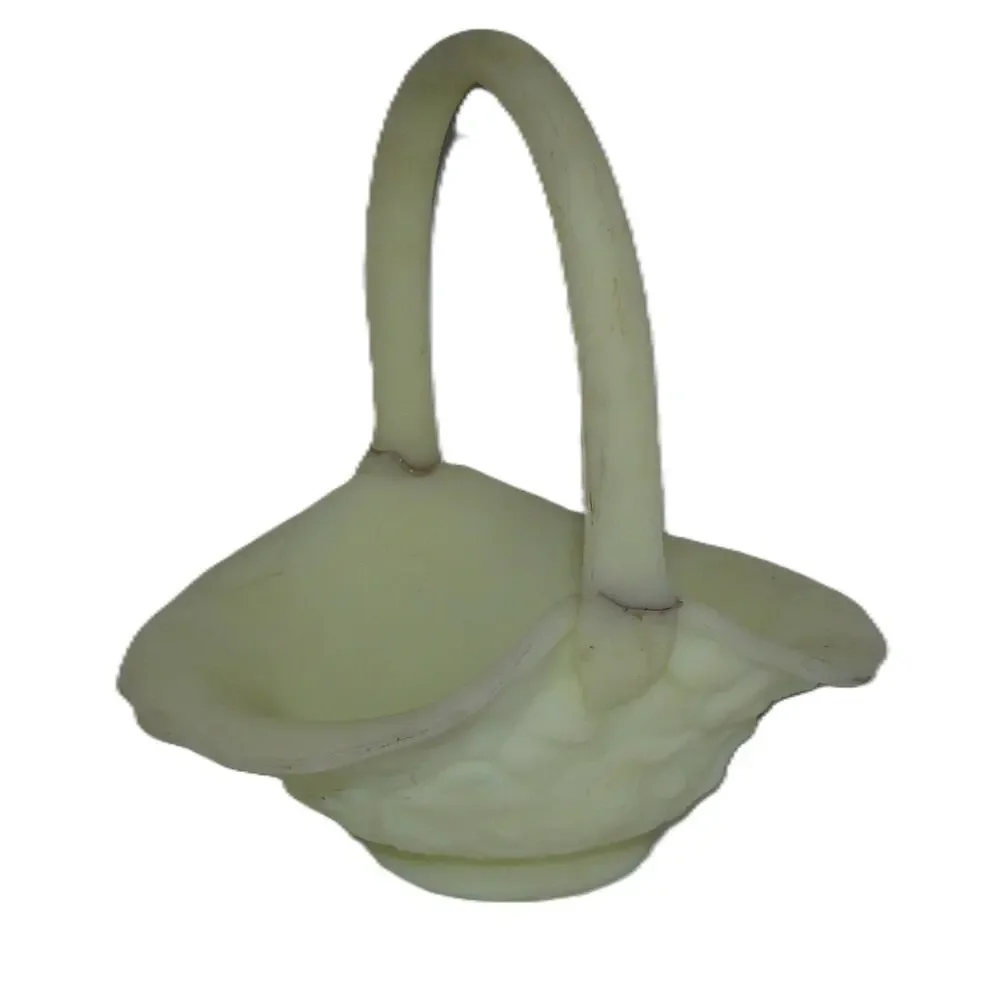 Vtg Fenton Uranium Glass Basket Embossed Floral Design Repaired Handle